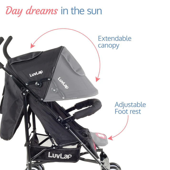 Compact and lightweight black Luvlap City Buggy Baby Stroller with red accents, a five-point harness, and dual wheels, designed for easy urban travel and portability. From uSmile.toys." www.usmile. toys